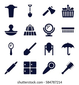handle icons set. Set of 16 handle filled icons such as tank, luggage belt, luggage storage, mirror, clean brush, shovel, axe, stamp, dough pin, tap, door knob, mace