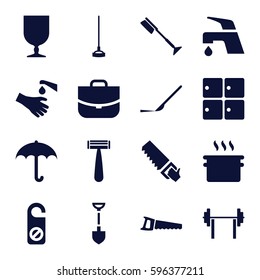 handle icons set. Set of 16 handle filled icons such as luggage storage, razor, do not disturb, toothbrush, tap, case, shovel, saw, hoe, scalpel, hands washing, fragile cargo