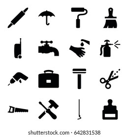 Handle icons set. set of 16 handle filled icons such as stamp, razor, brush, drill, hoe, saw, spray bottle, hands washing, keep dry cargo, scissors, paint roller, dough pin