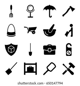 Handle icons set. set of 16 handle filled icons such as wheel barrow, man with luggage, luggage storage, mirror, dustpan, do not disturb, bag, pitchfork, shovel