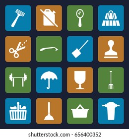 Handle icons set. set of 16 handle filled icons such as luggage belt, umbrella, razor, mirror, plunger, dustpan, stamp, pitchfork, fragile cargo, scissors, tap, shopping bag
