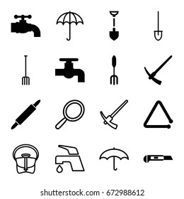 Handle icons set. set of 16 handle filled and outline icons such as tap, shovel, pitchfork, cutter, triangle musical instrument, dough pin, hammer, umbrella, mirror