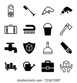 Handle icons set. set of 16 handle filled and outline icons such as tap, toothbrush, clean brush, drill, saw, bucket, watering can, cargo insurance, case, dustpan