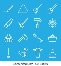handle icons set. Set of 16 handle outline icons such as luggage belt, dustpan, toothbrush, shovel, saw, axe, hoe, scalpel, hands washing, triangle musical instrument