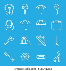 handle icons set. Set of 16 handle outline icons such as man with luggage, pan, mirror, toothbrush, bag, hoe, keep dry cargo, tap, case, helm, axe weapon, no oil