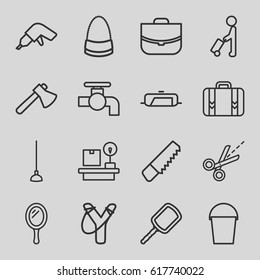 Handle icons set. set of 16 handle outline icons such as man with luggage, pan, mirror, tap, bag, case, saw, drill, axe, hoe, bucket, lugagge weight, scissors, luggage