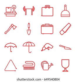 Handle icons set. set of 16 handle outline icons such as dustpan, clean brush, saw, drill, trowel, watering can, fragile cargo, lugagge weight, triangle musical instrument