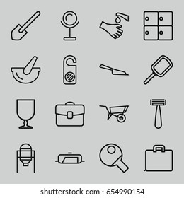 Handle icons set. set of 16 handle outline icons such as luggage storage, pan, wheel barrow, tank, razor, mirror, dustpan, do not disturb, shovel, hands washing, fragile cargo