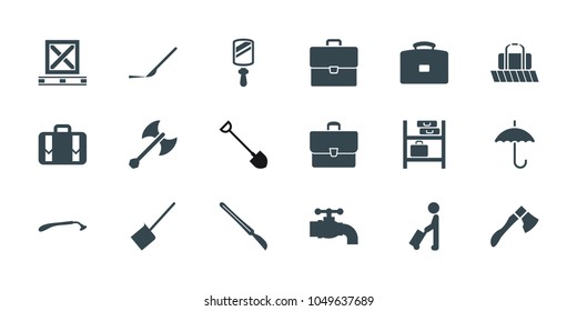 Handle icons. set of 18 editable filled handle icons: man with luggage, razor, dustpan, case, scalpel, luggage, tap, axe weapon, mirror, shovel, umbrella, axe