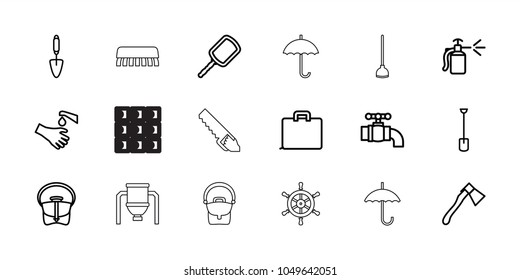 Handle icons. set of 18 editable outline handle icons: mirror, bag, case, trowel, shovel, axe, spray bottle, hands washing, tap, tank, luggage storage, helm, clean brush, saw