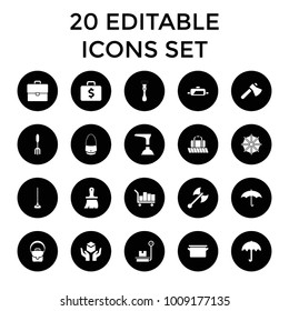 Handle icons. set of 20 editable filled handle icons such as umbrella, brush, axe, pitchfork, hoe, axe weapon, pan, luggage belt. best quality handle elements in trendy style.