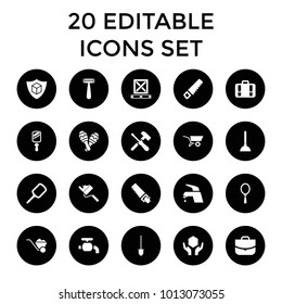 Handle icons. set of 20 editable filled handle icons such as razor, mirror, plunger, case, saw, shovel, cargo insurance, luggage. best quality handle elements in trendy style.