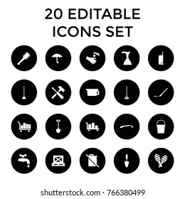 Handle icons. set of 20 editable filled handle icons such as razor, plunger, shovel, luggage, pot, trowel, hoe, scalpel, hands washing, no oil, cargo on palette