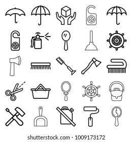 Handle icons. set of 25 editable outline handle icons such as helm, mirror, do not disturb, toothbrush, clean brush, umbrella, spray bottle, no oil, handle with care