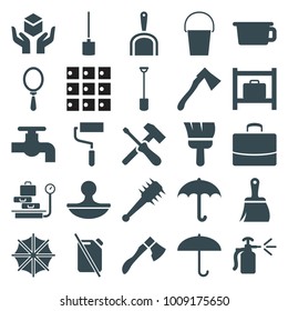 Handle icons. set of 25 editable filled handle icons such as luggage storage, tap, roller, umbrella, pot, shovel, axe, spray bottle, screwdriver, stamp, mace, lugagge weight