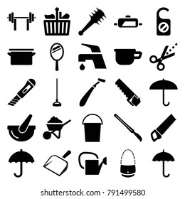 Handle icons. set of 25 editable filled handle icons such as bucket, tap, construction, umbrella, hoe, shopping bag, scissors, scalpel, mace, pan, mirror, razor, dustpan