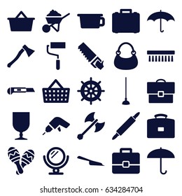 Handle icons set. set of 25 handle filled icons such as helm, mirror, dustpan, clean brush, bag, drill, roller, construction, saw, hoe, cutter, fragile cargo, maraca, umbrella