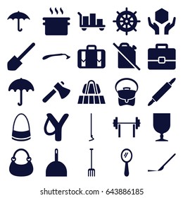 Handle icons set. set of 25 handle filled icons such as luggage belt, umbrella, helm, razor, mirror, dustpan, bag, shovel, axe, pitchfork, hoe, scalpel, keep dry cargo