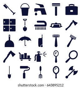Handle icons set. set of 25 handle filled icons such as pan, luggage storage, mirror, razor, dustpan, toothbrush, tap, clean brush, shovel, pitchfork, axe, bucket