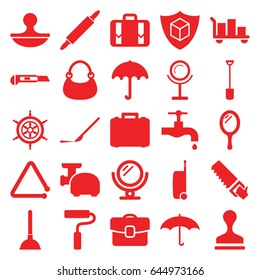 Handle icons set. set of 25 handle filled icons such as umbrella, mirror, plunger, bag, stamp, tap, saw, shovel, cutter, scalpel, cargo insurance, luggage