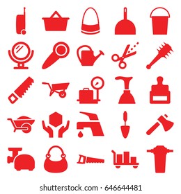 Handle icons set. set of 25 handle filled icons such as wheel barrow, stamp, lugagge weight, mirror, plunger, dustpan, bucket, tap, bag, saw, axe, trowel, wheelbarrow