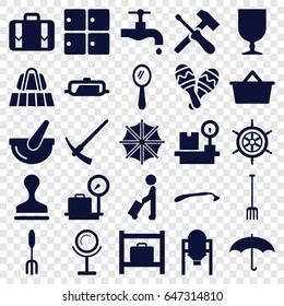 Handle icons set. set of 25 handle filled icons such as pan, tank, man with luggage, luggage belt, lugagge weight, razor, mirror, stamp, tap, pitchfork, fragile cargo, bucket
