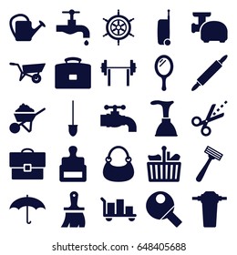 Handle icons set. set of 25 handle filled icons such as wheel barrow, stamp, mirror, razor, plunger, bag, tap, brush, construction, shovel, watering can, scissors, umbrella