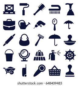 Handle icons set. set of 25 handle filled icons such as luggage belt, helm, mirror, razor, plunger, clean brush, bag, case, stamp, drill, wheelbarrow, bucket, watering can