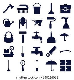 Handle icons set. set of 25 handle filled icons such as wheel barrow, tank, luggage storage, razor, mirror, plunger, dustpan, bucket, tap, clean brush, bag, saw, shovel, hoe