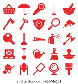 Handle icons set. set of 25 handle filled icons such as tank, mirror, razor, plunger, shovel, brush, drill, construction, paint brush, hoe, axe, saw, watering can