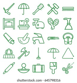 Handle icons set. set of 25 handle outline icons such as luggage belt, luggage storage, plunger, tap, clean brush, bag, saw, paint brush, hoe, cutter, lugagge weight, scissors