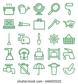 Handle icons set. set of 25 handle outline icons such as stamp, luggage storage, mirror, plunger, tap, bag, roller, trowel, hoe, saw, wheelbarrow, watering can