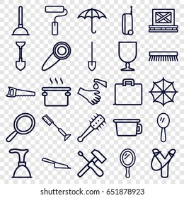 Handle icons set. set of 25 handle outline icons such as mirror, plunger, dustpan, toothbrush, clean brush, shovel, saw, hands washing, cargo on palette, keep dry cargo