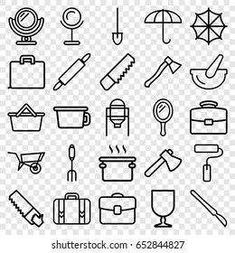 Handle icons set. set of 25 handle outline icons such as wheel barrow, tank, mirror, saw, axe, pitchfork, shovel, fragile cargo, luggage, scalpel, bucket, paint roller