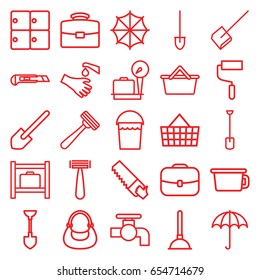 Handle icons set. set of 25 handle outline icons such as umbrella, luggage storage, lugagge weight, razor, plunger, dustpan, bucket, tap, bag, shovel, roller, saw, cutter