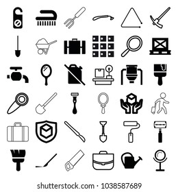 Handle icons. set of 36 editable filled and outline handle icons such as mirror, do not disturb, clean brush, paint brush, shovel, watering can, scalpel, no oil