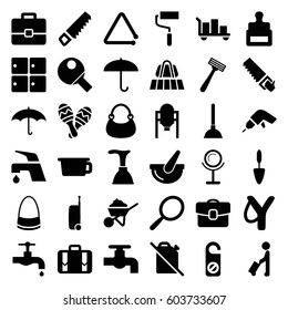 Handle icons set. set of 36 handle filled icons such as tank, man with luggage, luggage belt, stamp, mirror, razor, plunger, do not disturb, tap, bag, saw, drill, roller