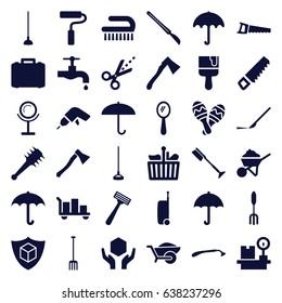 Handle icons set. set of 36 handle filled icons such as umbrella, razor, mirror, toothbrush, clean brush, saw, tap, drill, construction, paint brush, pitchfork, hoe, axe