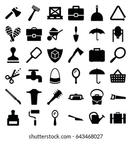 Handle icons set. set of 36 handle filled icons such as pan, tank, stamp, mirror, razor, dustpan, tap, bag, axe, roller, construction, trowel, saw, watering can