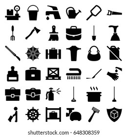 Handle icons set. set of 36 handle filled icons such as man with luggage, stamp, luggage storage, helm, mirror, razor, plunger, tap, clean brush, bag, case, brush, pitchfork