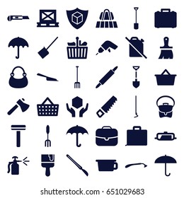 Handle icons set. set of 36 handle filled icons such as pan, luggage belt, umbrella, razor, dustpan, bag, saw, shovel, brush, drill, axe, paint brush, pitchfork, hoe, cutter