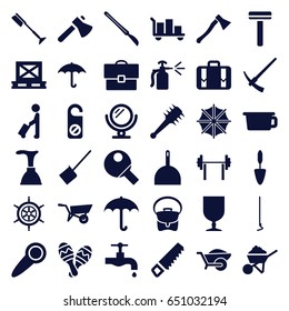 Handle icons set. set of 36 handle filled icons such as wheel barrow, man with luggage, mirror, razor, plunger, dustpan, do not disturb, toothbrush, bag, saw, tap, axe