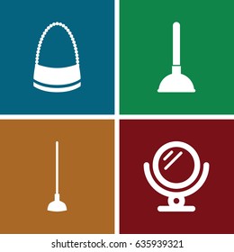 Handle icons set. set of 4 handle filled icons such as mirror, plunger, bag