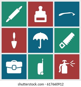 Handle icons set. set of 9 handle filled icons such as umbrella, stamp, razor, saw, trowel, spray bottle, dough pin, case