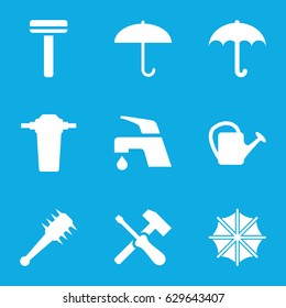 Handle icons set. set of 9 handle filled icons such as razor, tap, watering can, umbrella, mace