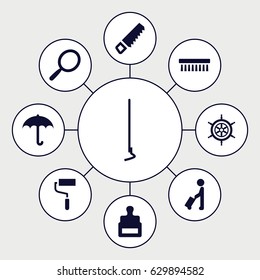 Handle icons set. set of 9 handle filled icons such as man with luggage, stamp, mirror, clean brush, saw, roller, hoe, helm
