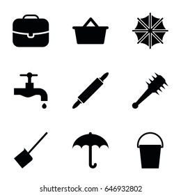 Handle icons set. set of 9 handle filled icons such as dustpan, tap, bucket, dough pin, umbrella, mace, shopping bag