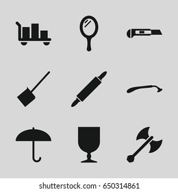 Handle icons set. set of 9 handle filled icons such as mirror, razor, dustpan, cutter, fragile cargo, dough pin, axe weapon, luggage
