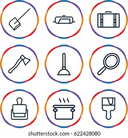 Handle icons set. set of 9 handle outline icons such as stamp, pan, mirror, plunger, dustpan, paint brush, suitcase