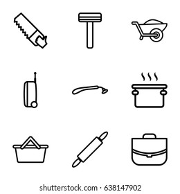 Handle icons set. set of 9 handle outline icons such as razor, case, saw, wheelbarrow, dough pin, suitcase, pan